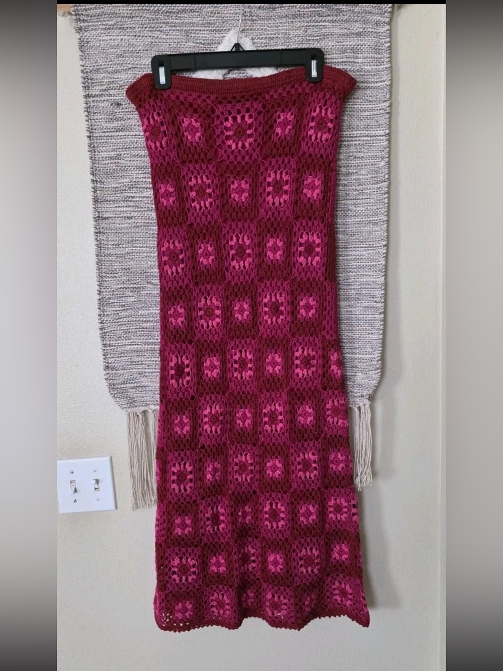 Y2K Vintage Crochet Square Skirt Pink Handmade Boho Hippie Festival Sz L